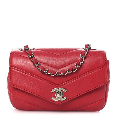 Caviar Chevron Quilted Small Single Flap Red