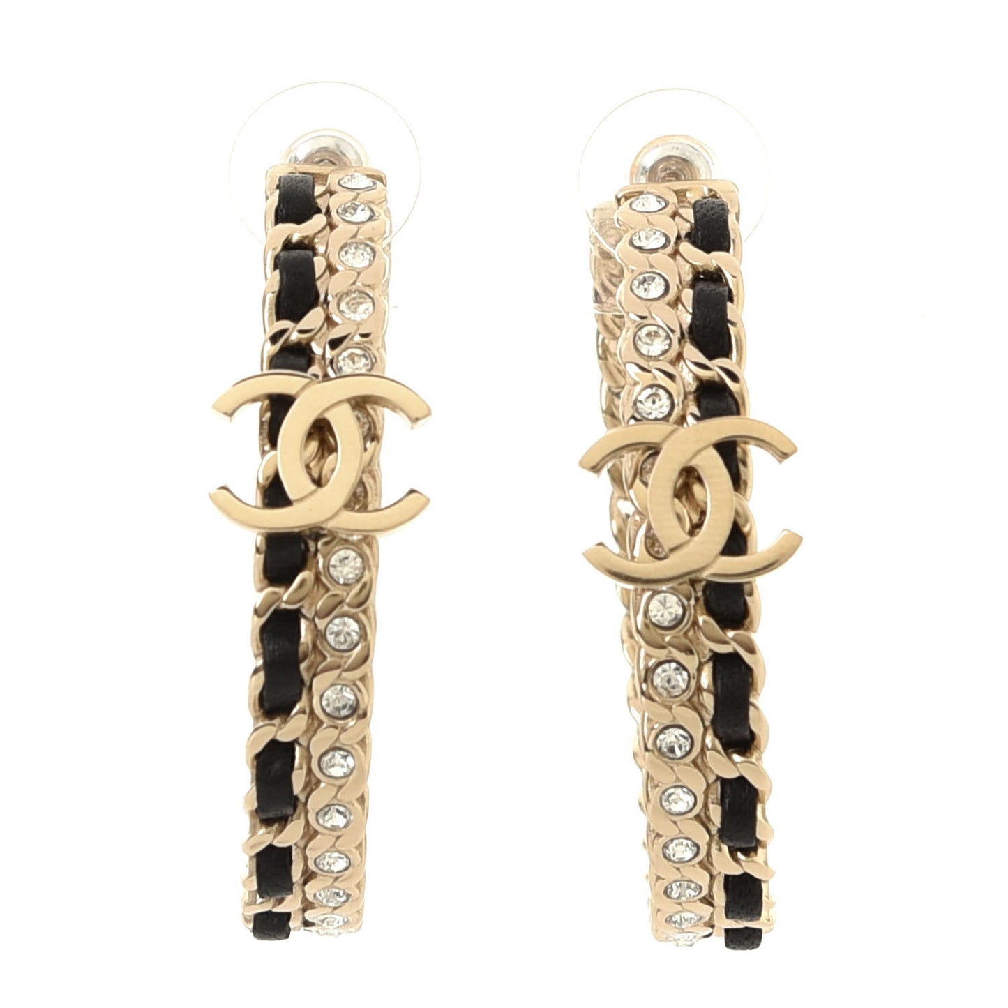 Crystal Lambskin CC Chain Hoop Earrings Gold Black