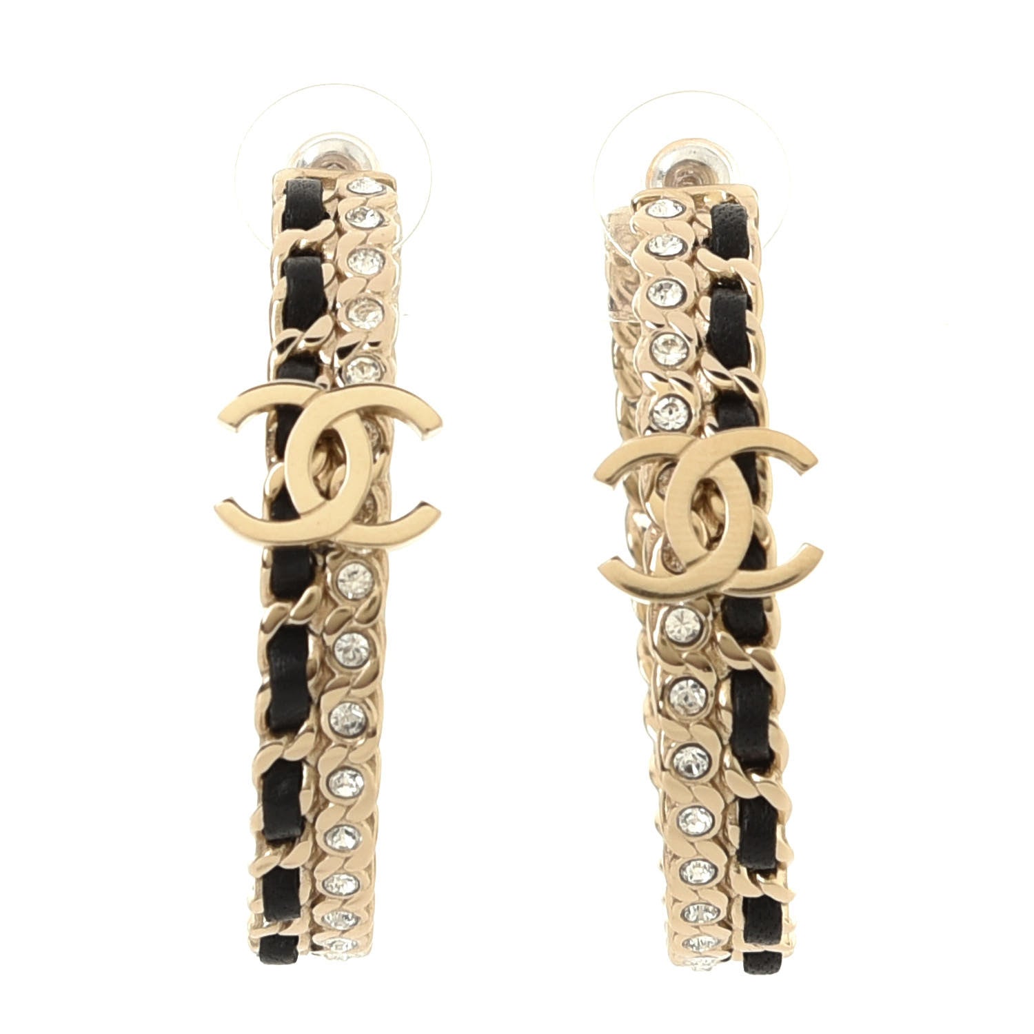 Chanel Crystal Lambskin CC Chain Hoop Earrings Gold Black 1 of 4
