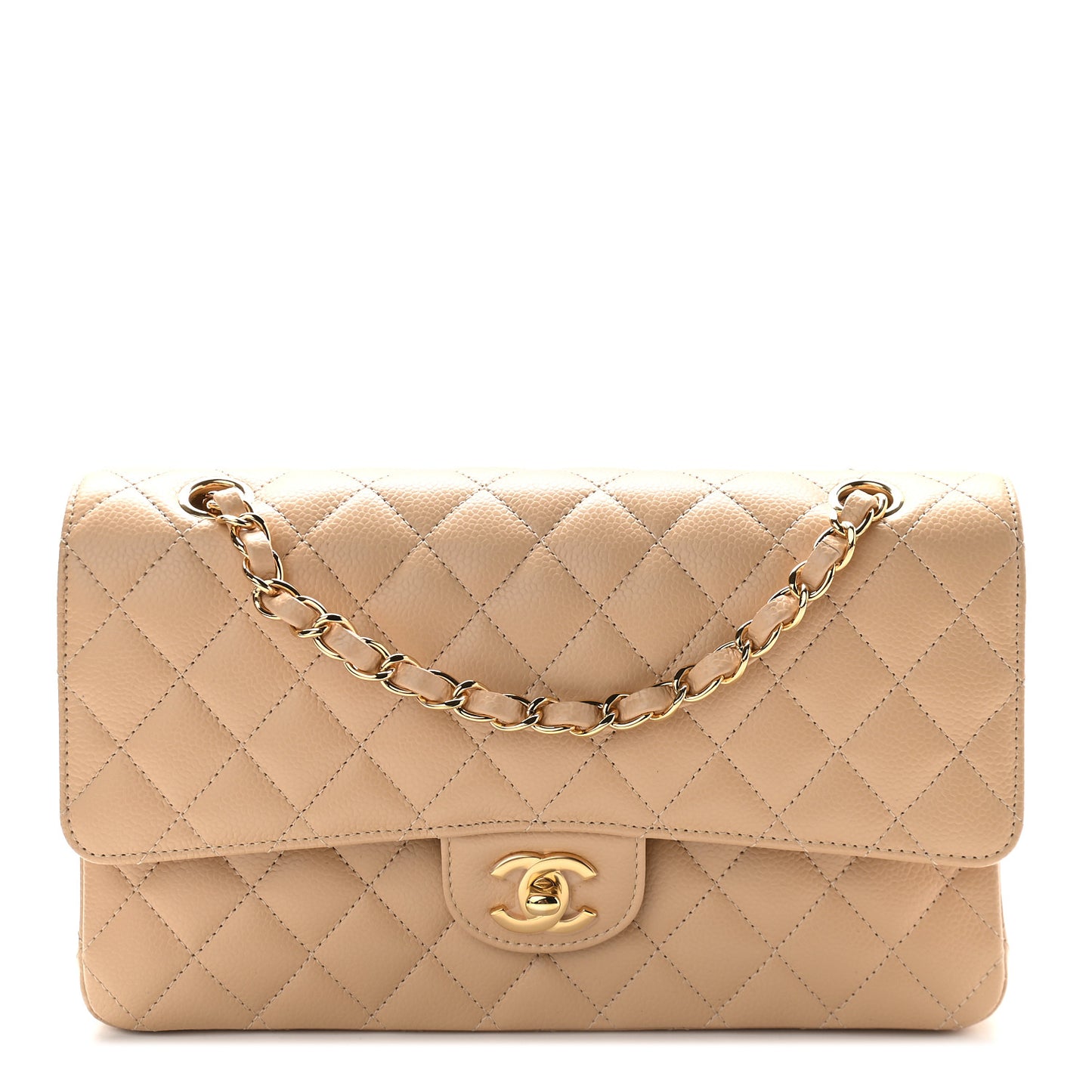 Caviar Quilted Medium Double Flap Beige