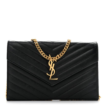 Saint Laurent Grain De Poudre Matelasse Chevron Monogram Chain Wallet Black 2 of 27