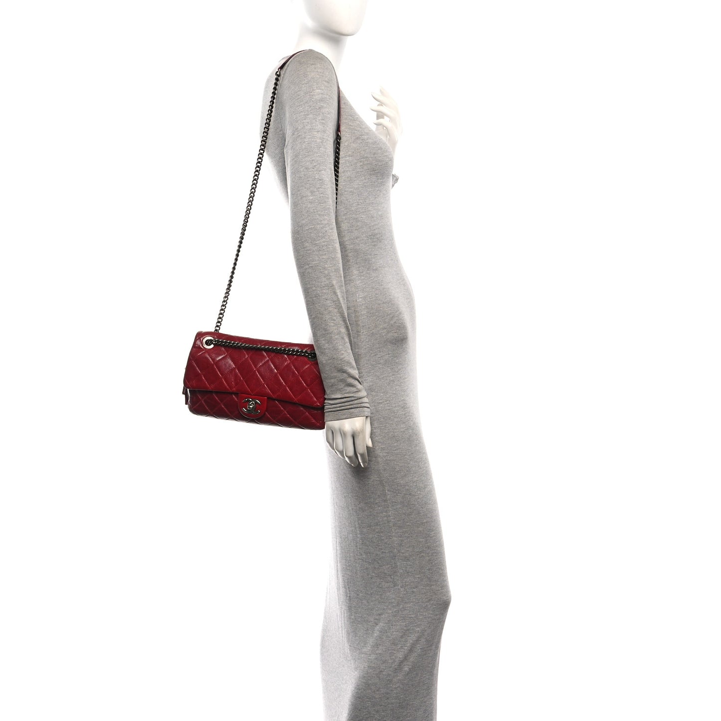 Glazed Calfskin Quilted Medium Duo Color Flap Dark Red