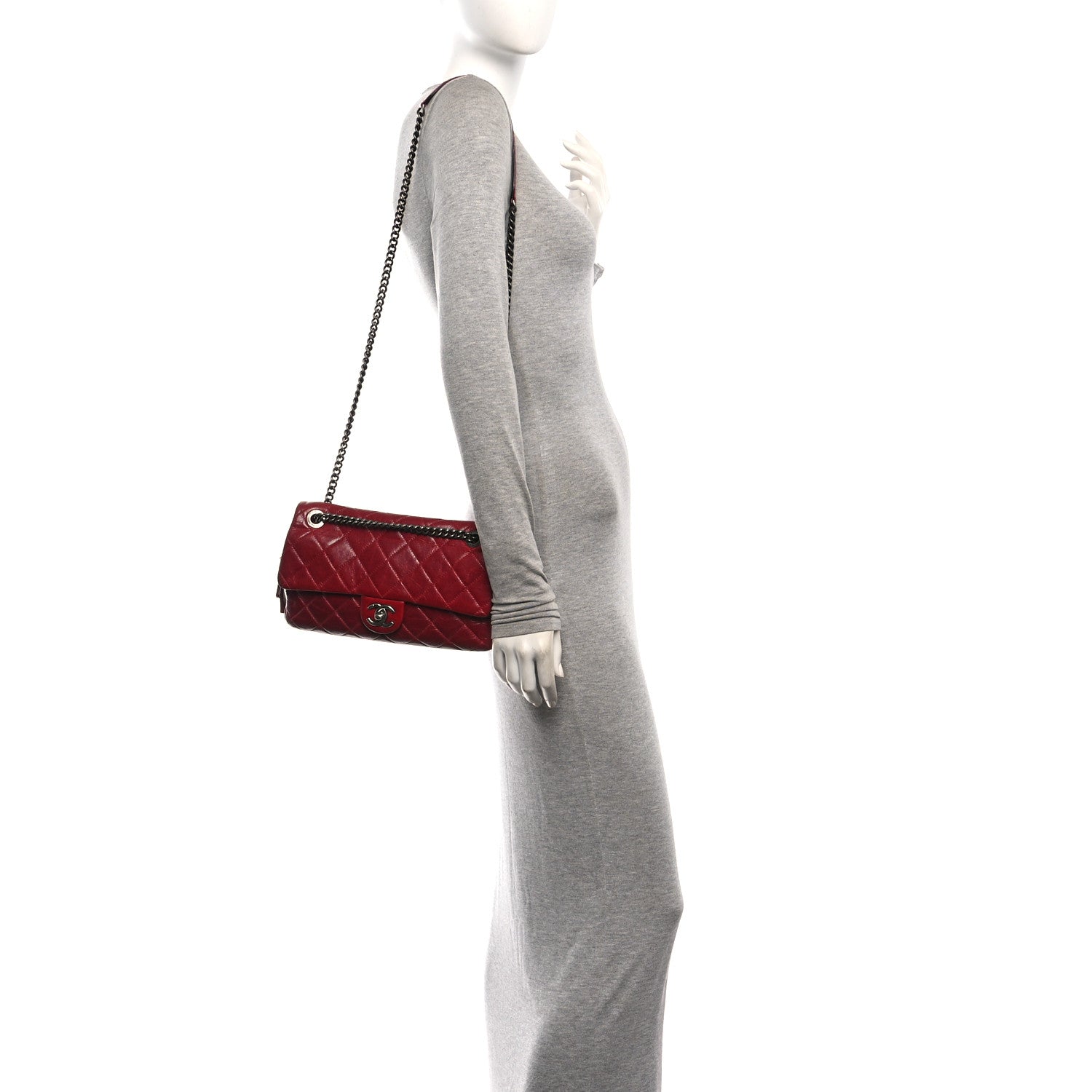 Chanel Glazed Calfskin Quilted Medium Duo Color Flap Dark Red 2 of 10