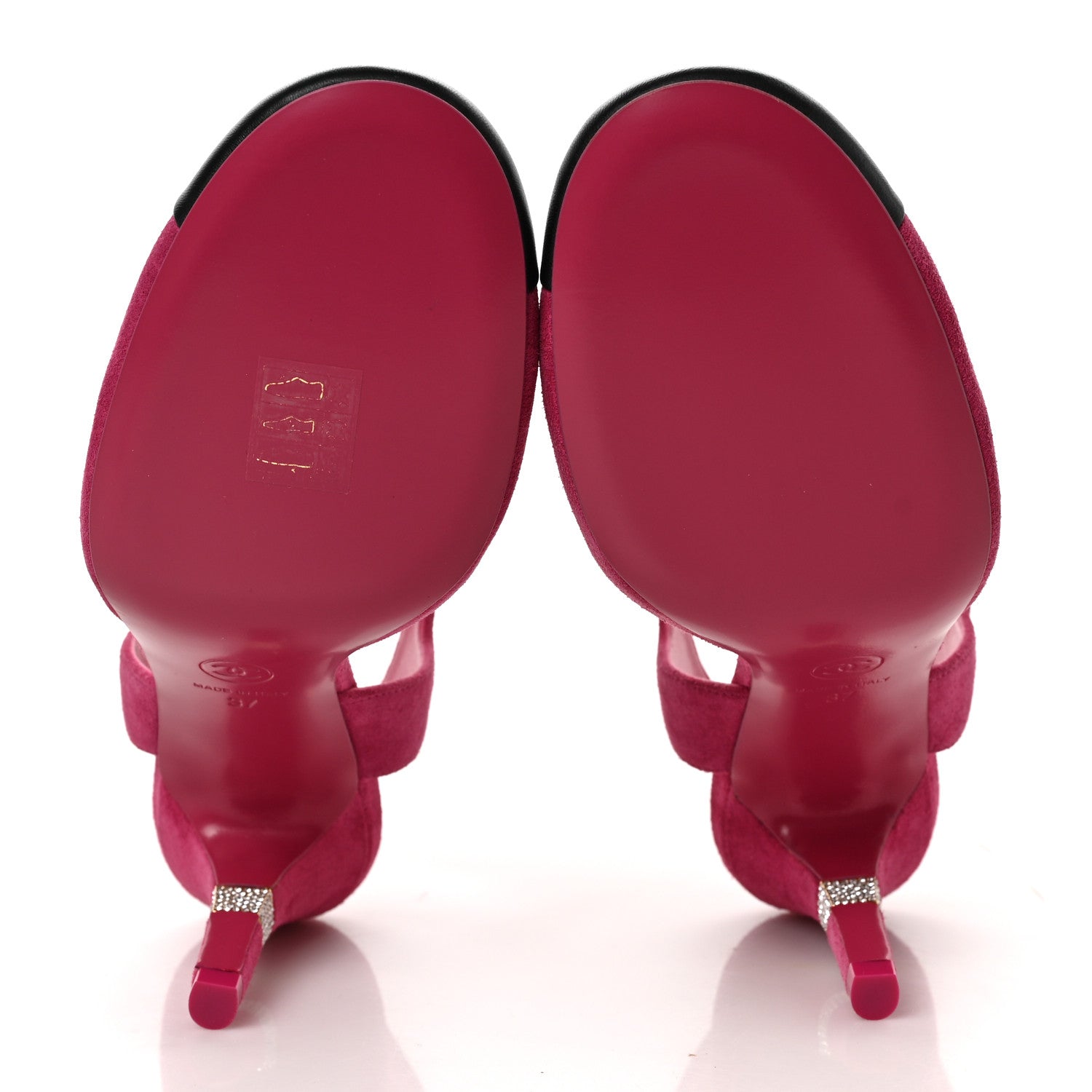 Chanel Suede Lambskin Cap Toe Crystal Slingback Pumps 37 Fuchsia Black 5 of 8