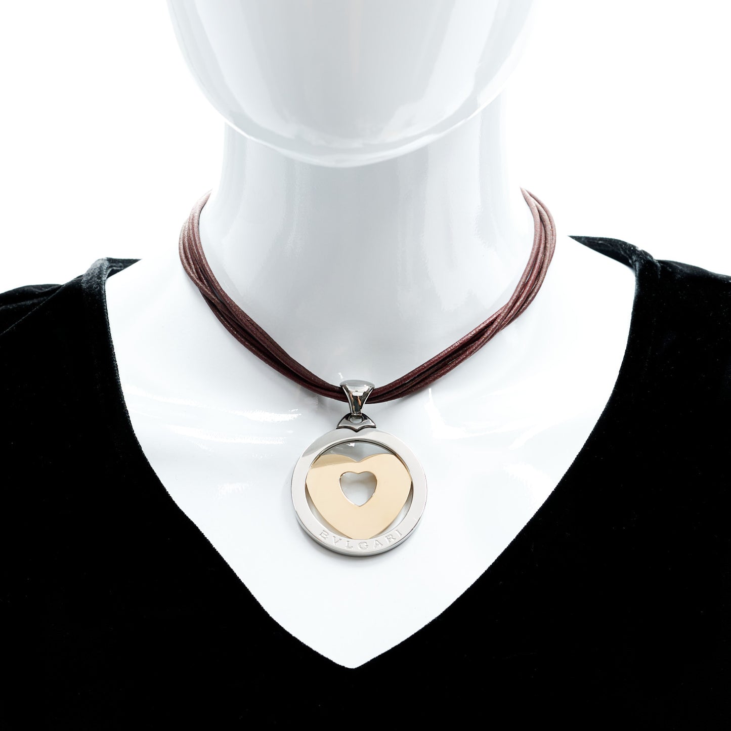 Stainless Steel 18K Yellow Gold Calfskin Tondo Heart Pendant Necklace Brown