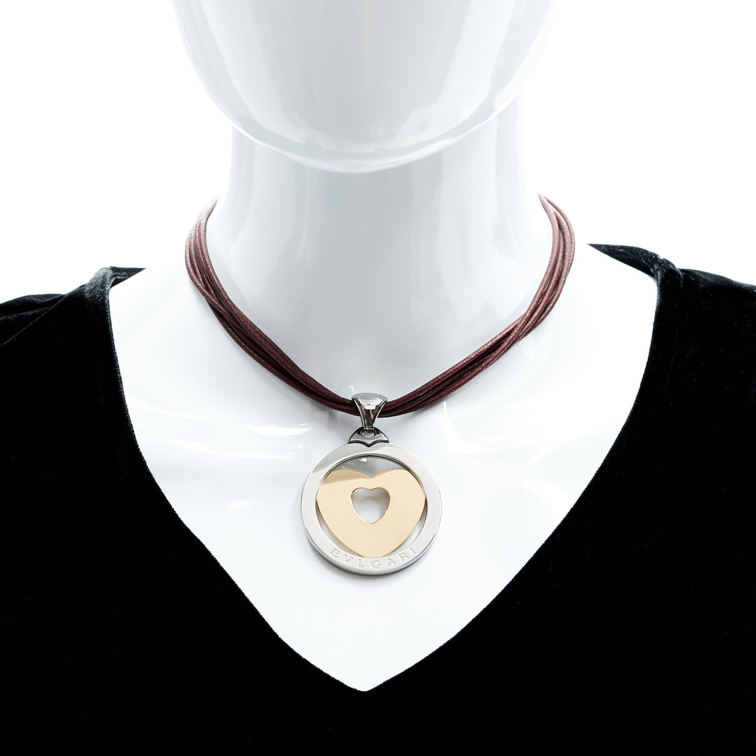 Bulgari Stainless Steel 18K Yellow Gold Calfskin Tondo Heart Pendant Necklace Brown 2 of 8