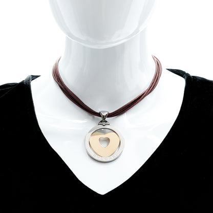 Bulgari Stainless Steel 18K Yellow Gold Calfskin Tondo Heart Pendant Necklace Brown 2 of 8