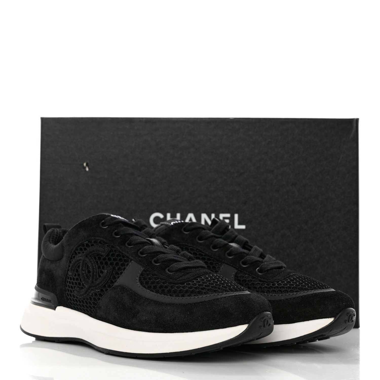 Chanel Calfskin Mesh Lycra Suede Womens Logo Sneakers 37 Black 9 of 9