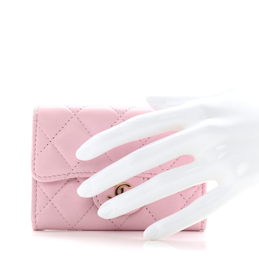 Lambskin Quilted Flap Card Holder Wallet Light Pink
