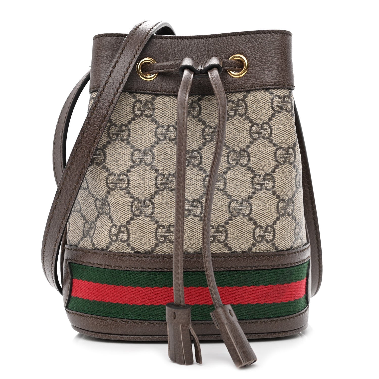 Gucci GG Supreme Monogram Web Mini Ophidia Bucket Bag Brown 1 of 10