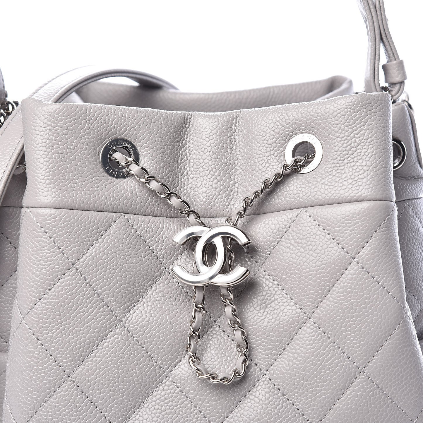 Grained Calfskin Quilted Medium CC Chain Bucket Drawstring Bag Light Grey