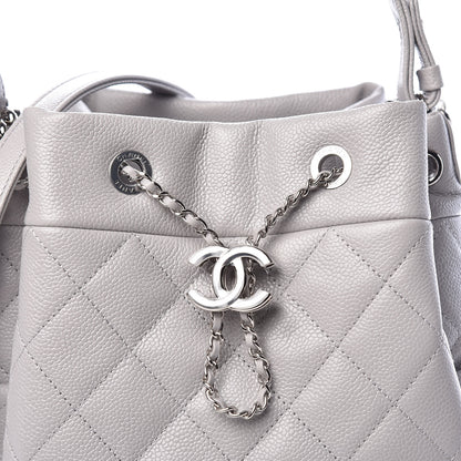 Chanel Grained Calfskin Quilted Medium CC Chain Bucket Drawstring Bag Light Grey 8 of 10