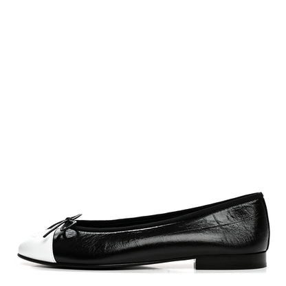 Chanel Crumpled Shiny Lambskin Cap Toe CC Ballerina Flats 38 Black White 1 of 9