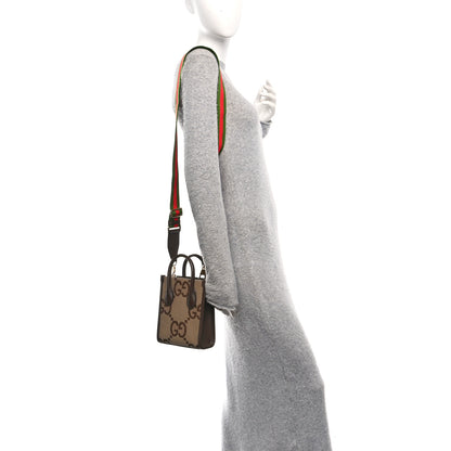 Gucci Monogram Jumbo GG Textured Dollar Calfskin Web Mini Vertical Tote Camel Ebony New Acero 2 of 10