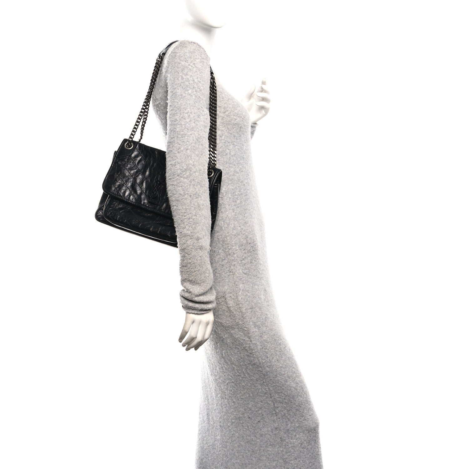 Saint Laurent Crinkled Calfskin Matelasse Monogram Medium Niki Chain Satchel Black 2 of 13