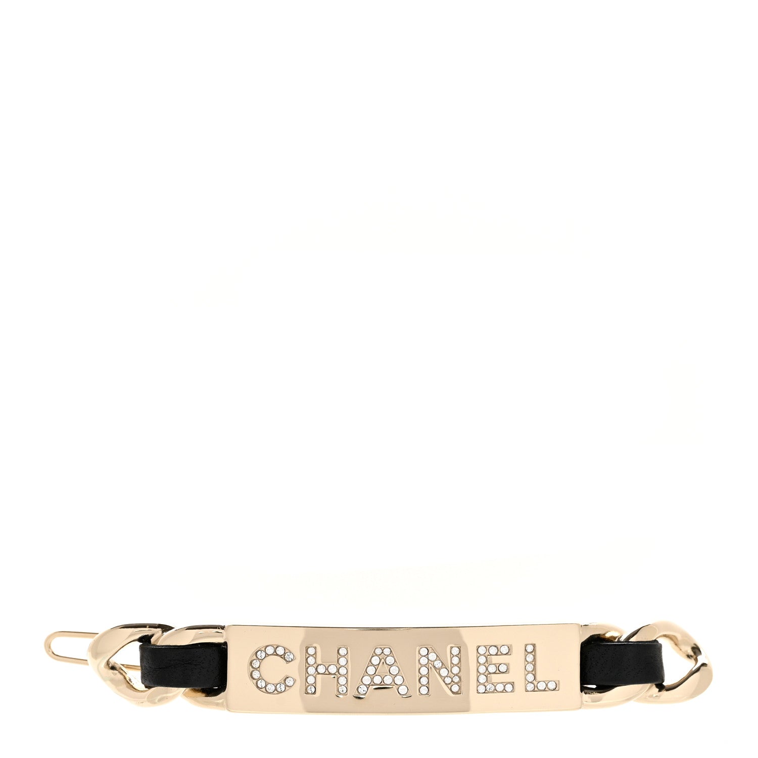 Chanel Metal Lambskin Strass Sergeant Hair Clip Barrette Black Gold 1 of 3