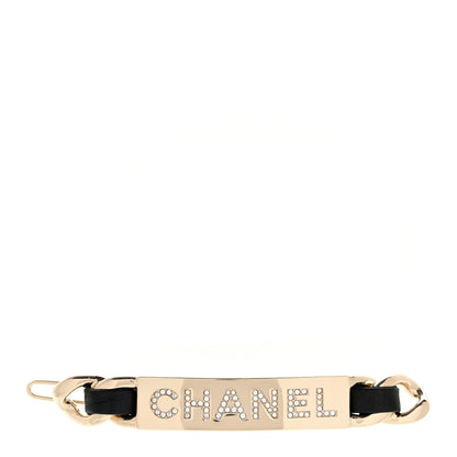 Chanel Metal Lambskin Strass Sergeant Hair Clip Barrette Black Gold 1 of 3