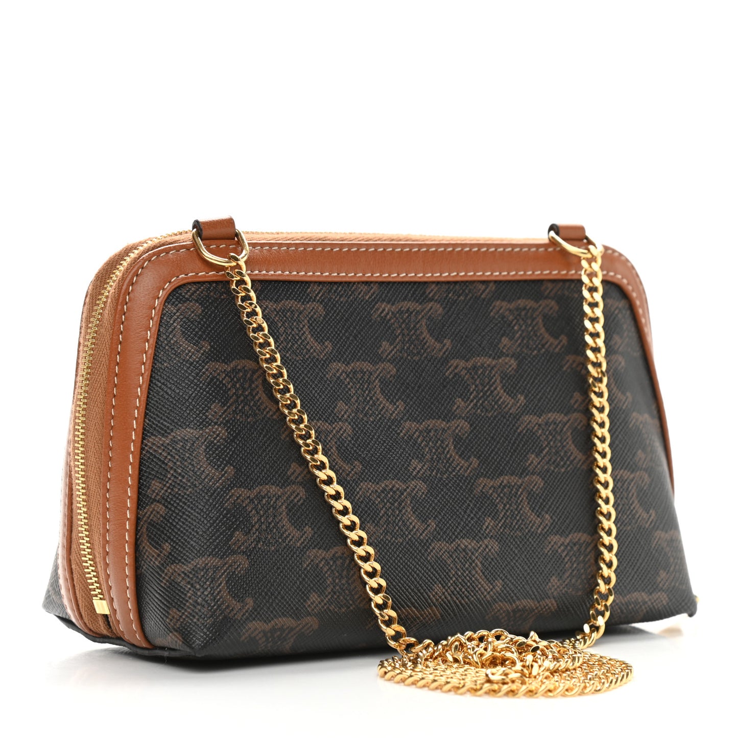 Triomphe Canvas Calfskin Mini Clutch on Chain Tan