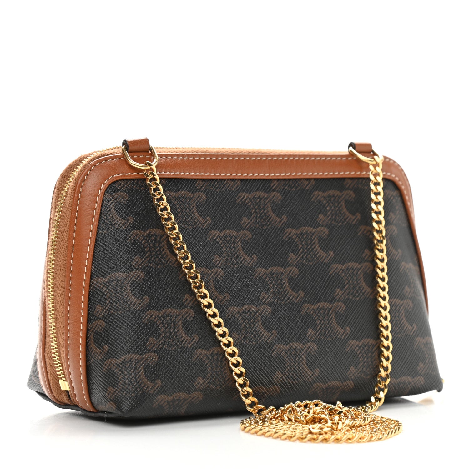 Celine Triomphe Canvas Calfskin Mini Clutch on Chain Tan 3 of 9