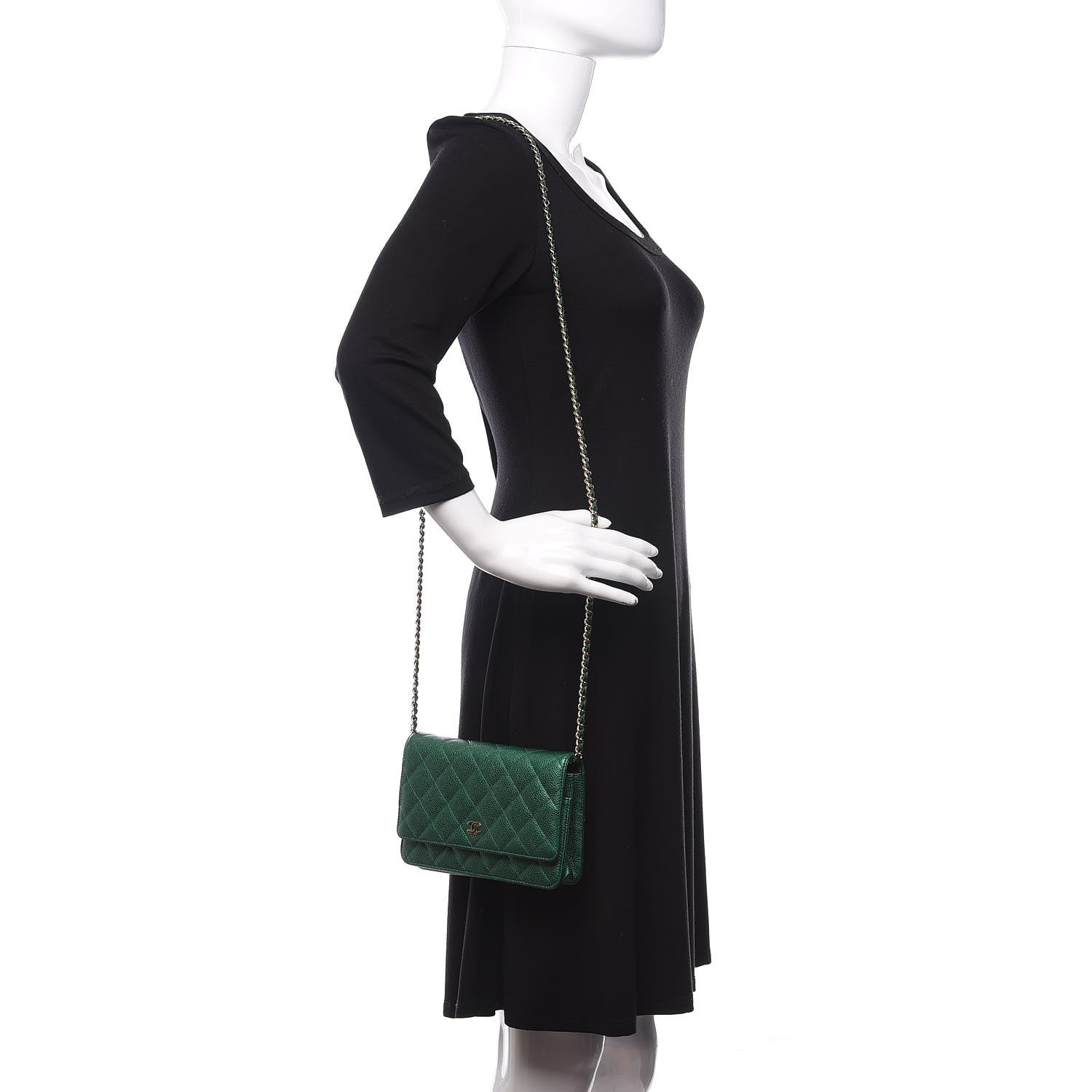 Chanel Metallic Caviar Quilted Wallet On Chain WOC Green 2 of 12