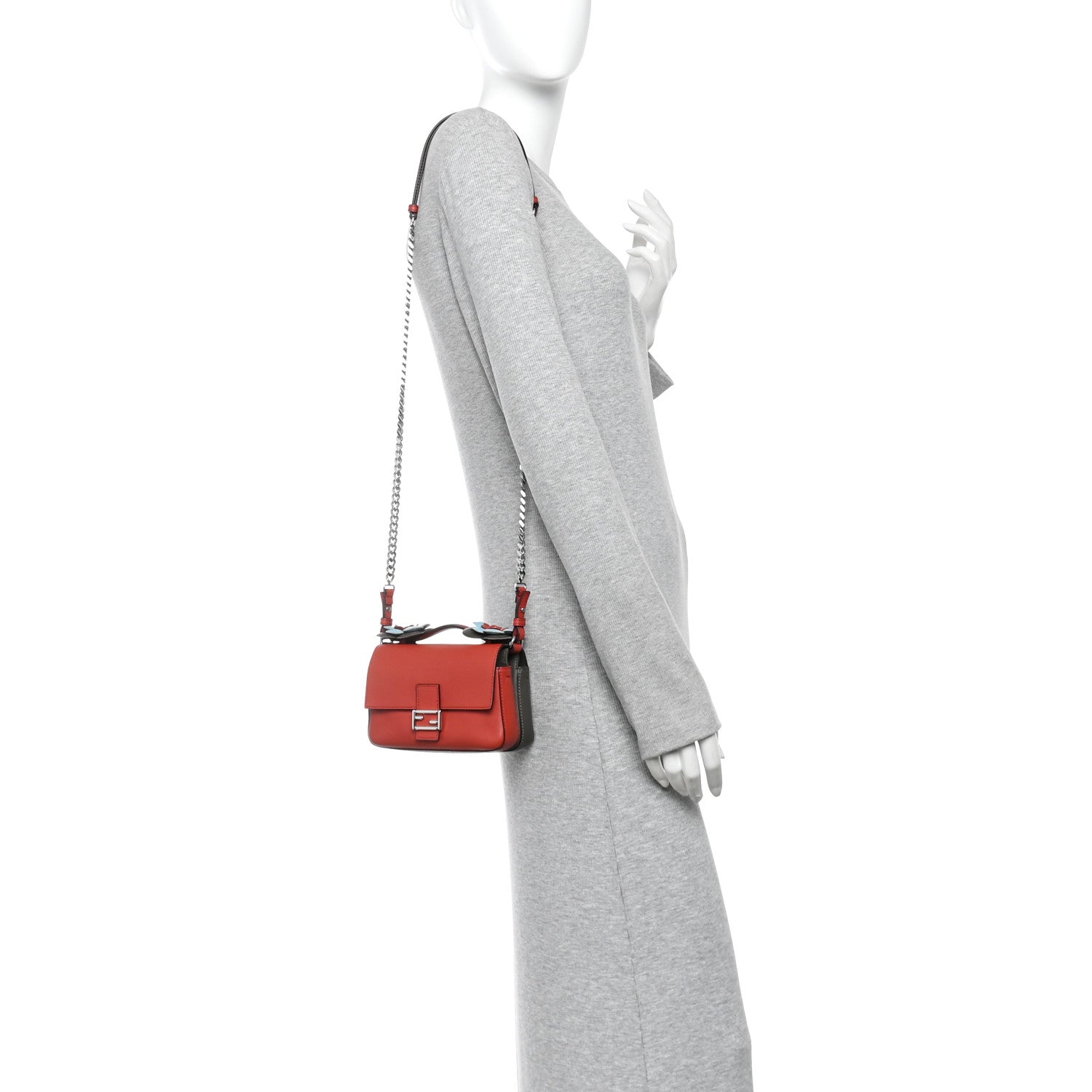 Fendi Vitello Dolce Flowerland Bi-Color Studded Micro Double Baguette Bloody Mary Carbone 2 of 10