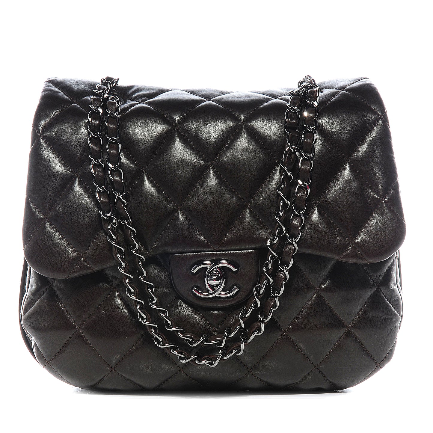 Lambskin Quilted 3 Large Flap Dark Brown