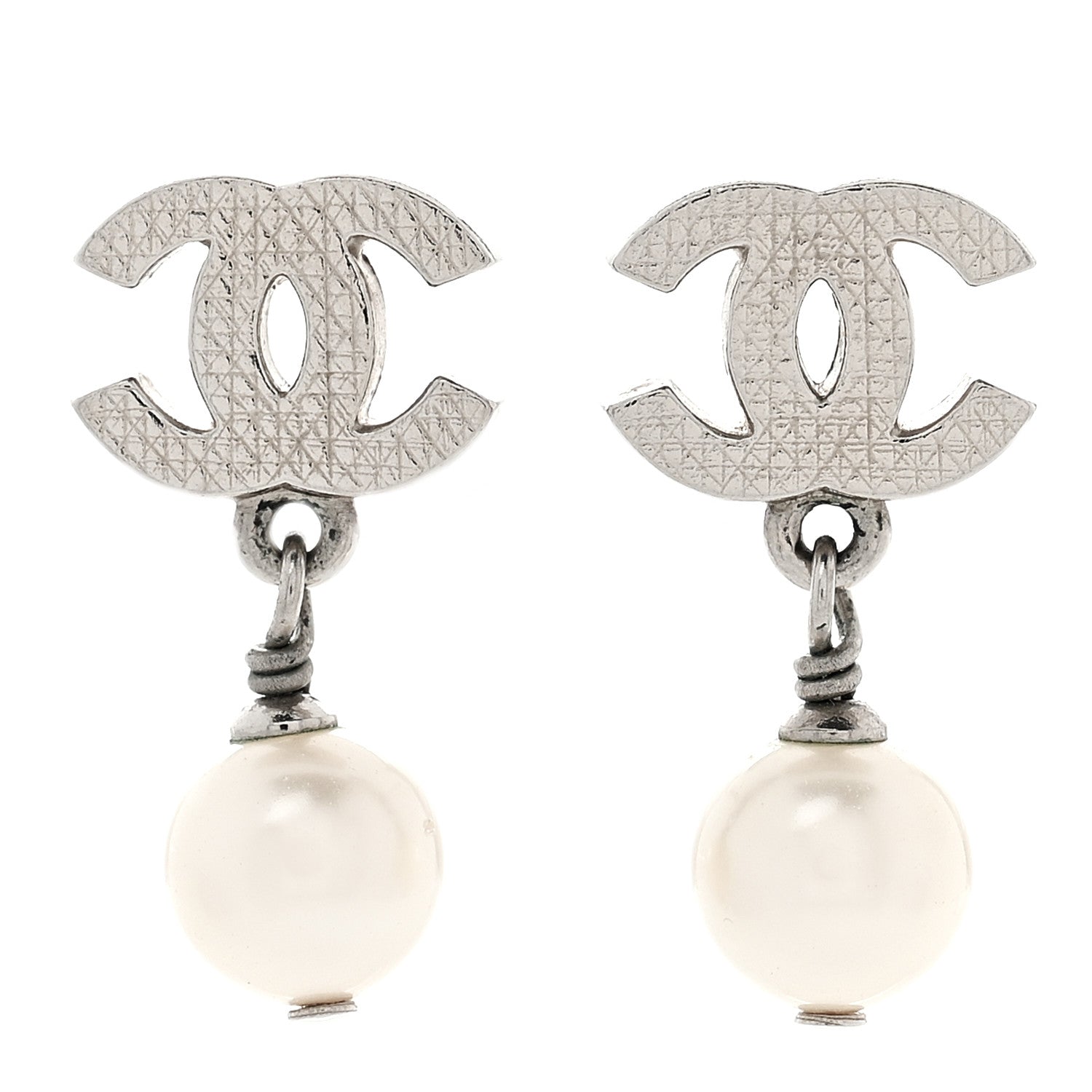 Chanel CC Pearl Drop Earrings Silver 1 of 6