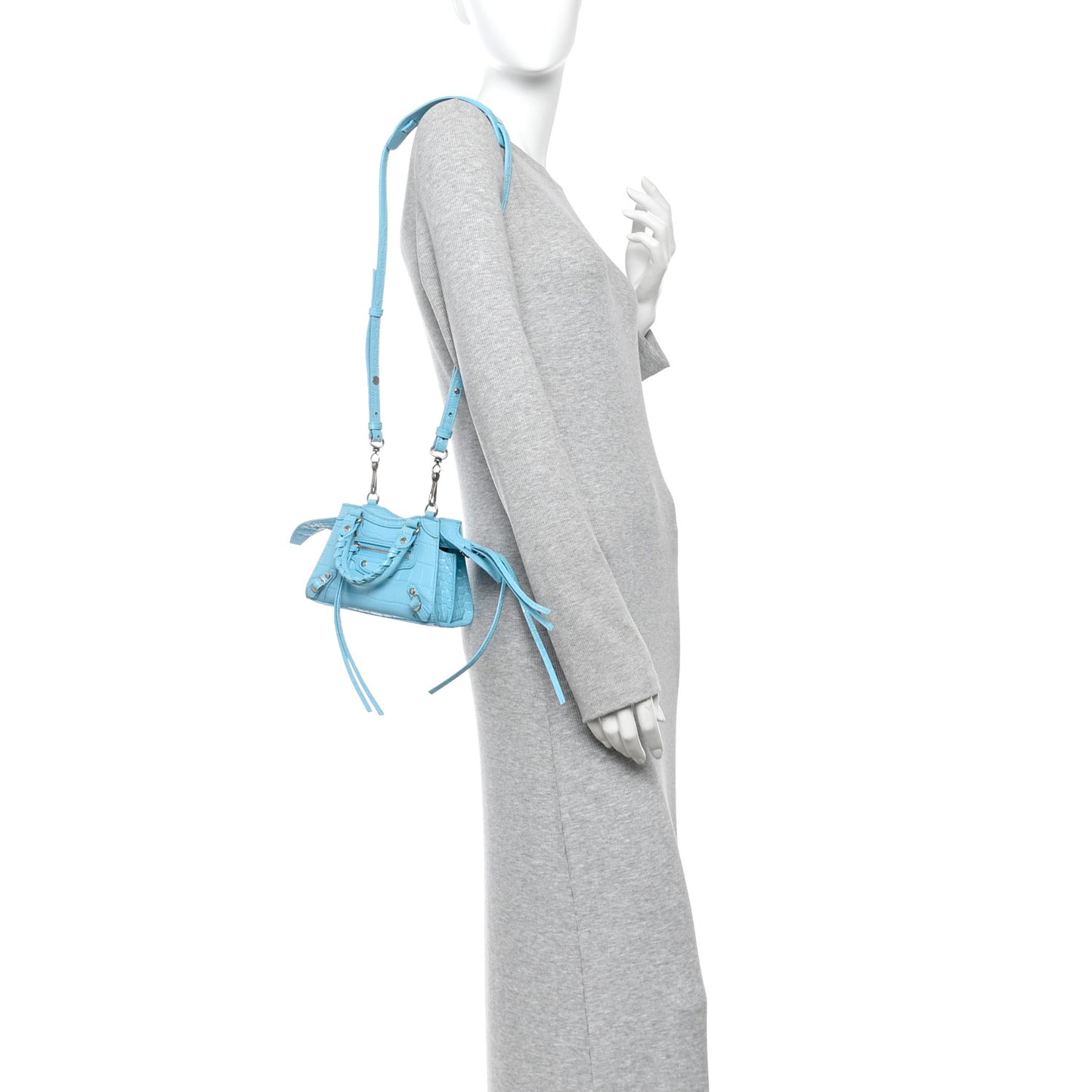 Calfskin Crocodile Embossed Neo Classic Silver Hardware Nano City Crossbody Azur