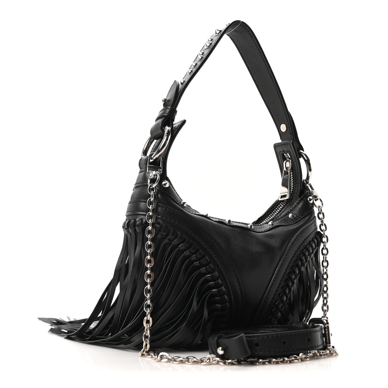 Versace Calfskin Studded Mini Fringe Repeat Zip Hobo Black 3 of 10