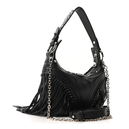 Versace Calfskin Studded Mini Fringe Repeat Zip Hobo Black 3 of 10