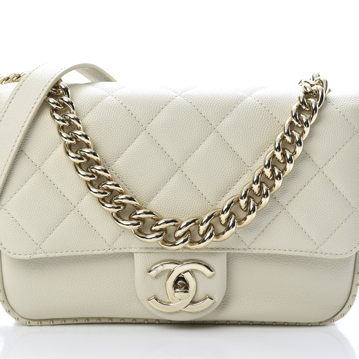 Caviar Quilted Small Studded Flap Off White