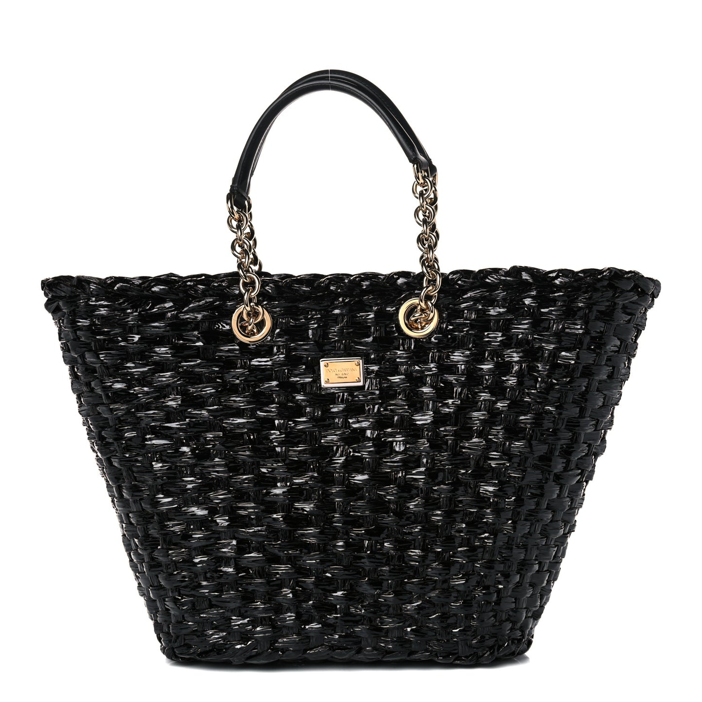 Vernice Vitello Raffia Woven Coffa Tote Black