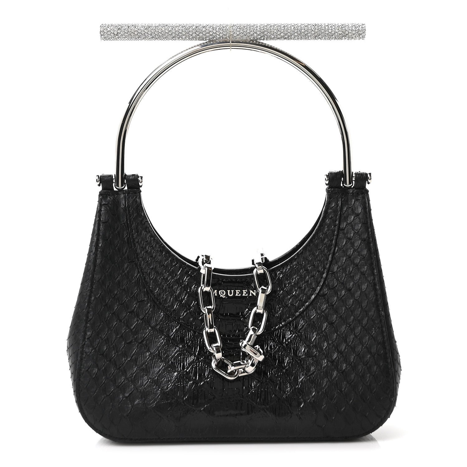Alexander McQueen Snakeskin Crystal Mini T Bar Top Handle Black 1 of 9