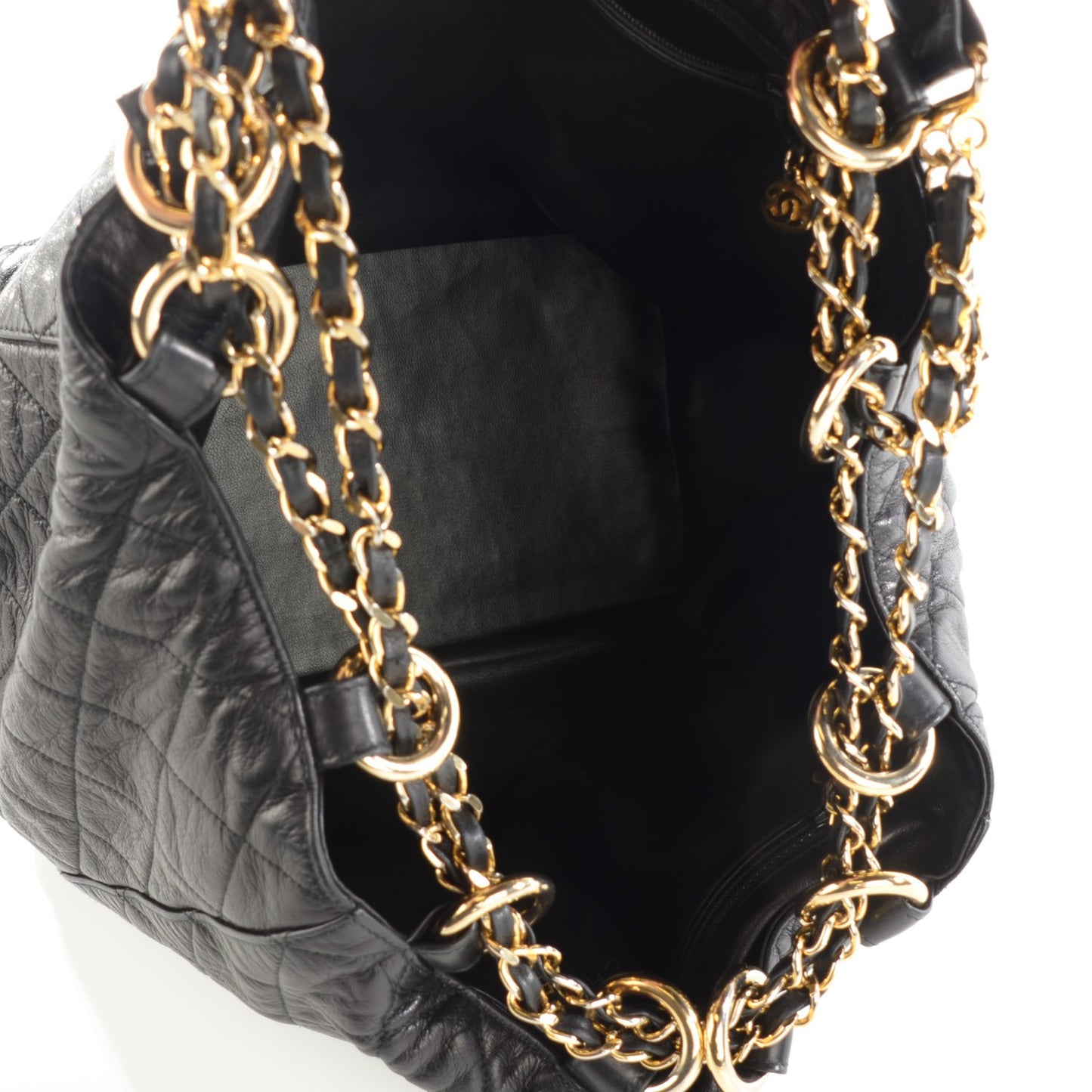 Lambskin Quilted Drawstring Bucket Bag Black
