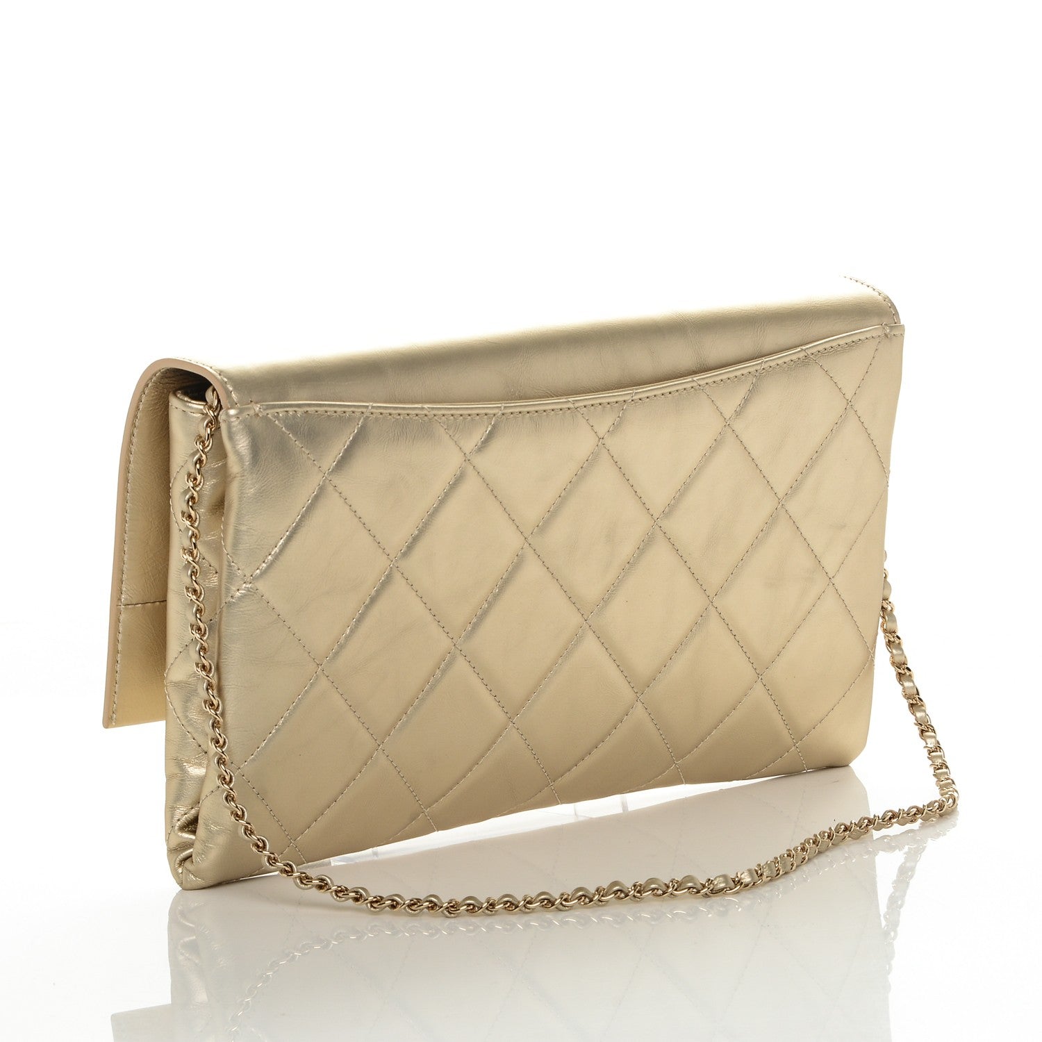Chanel Metallalized Calfskin Quilted Retro Label Clutch Light Gold 3 of 7