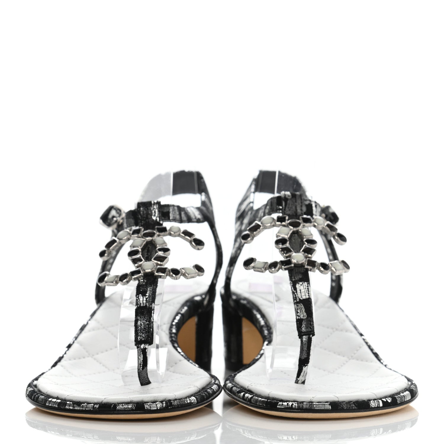 Chanel Laminated Suede Goatskin CC Thong Sandals 38.5 Black Silver 2 of 12