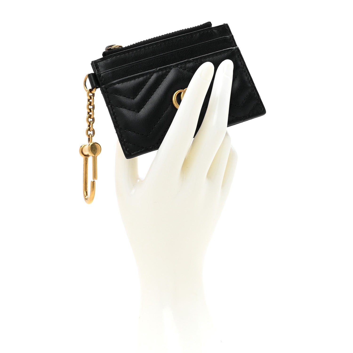 Gucci Calfskin Matelasse Chevron GG Marmont Key Case Card Holder Black 2 of 7