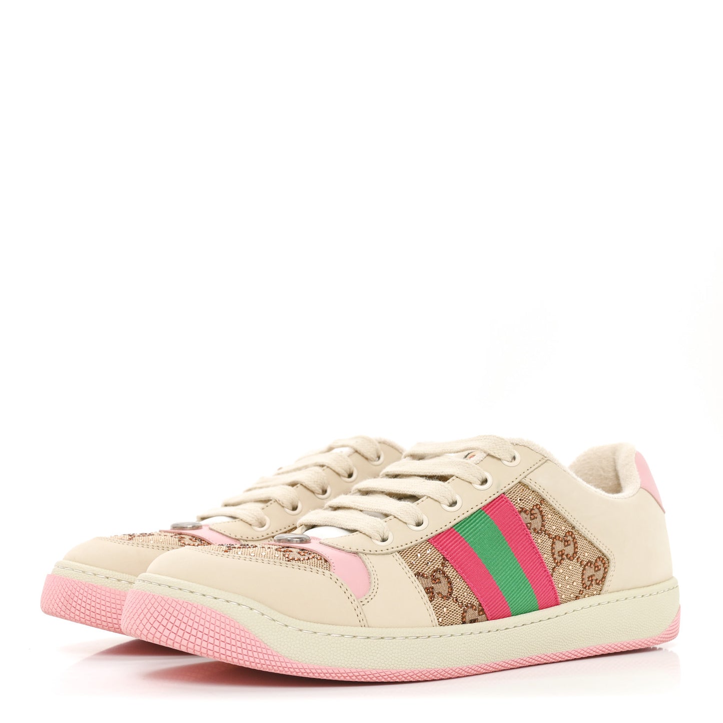 Calfskin GG Supreme Crystals Web Screener Sneakers 40 Beige Ebony Wild Rose