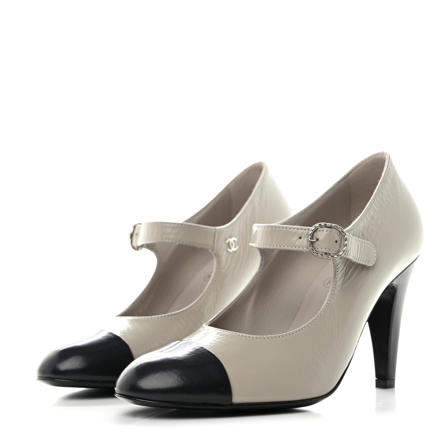 Shiny Goatskin Cap Toe Mary Jane Pumps 35.5 Grey Dark Grey