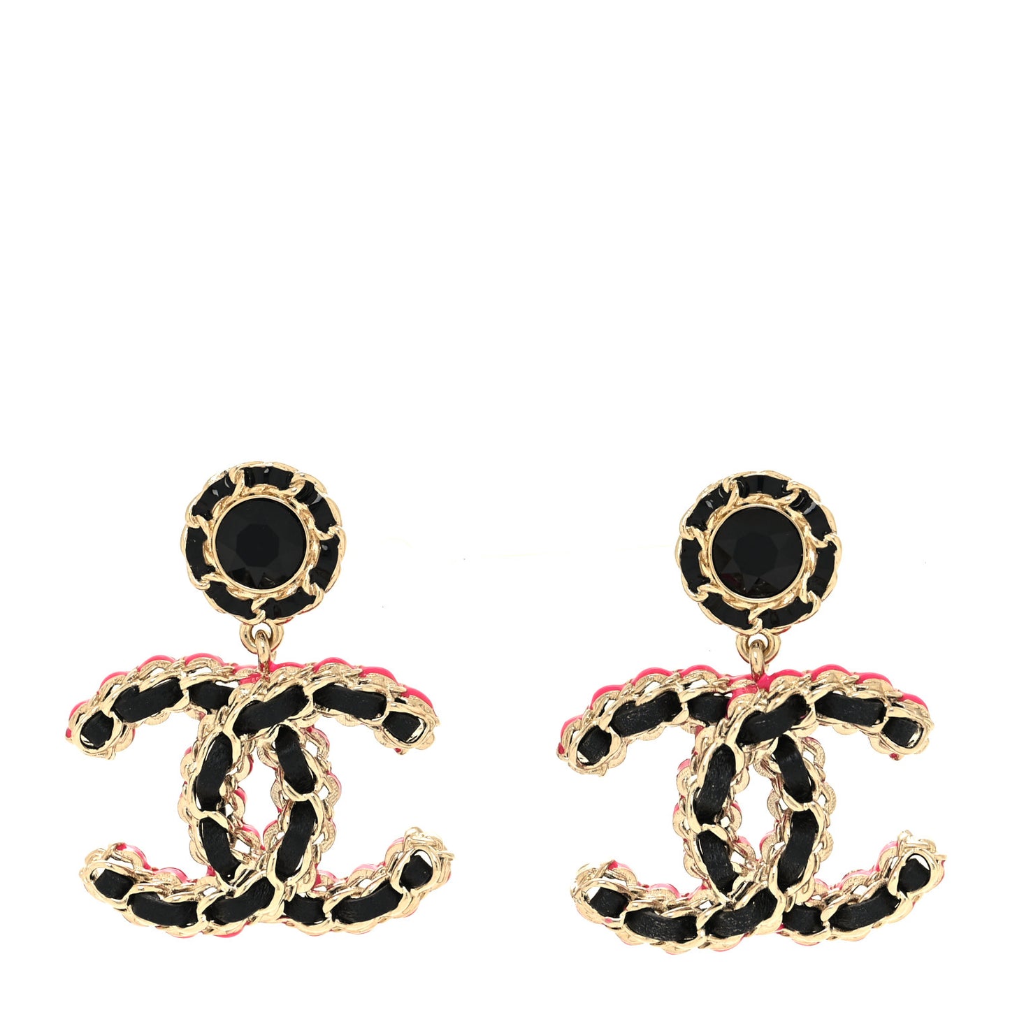 Metal Lambskin CC Chain Drop Earrings Black Gold Pink