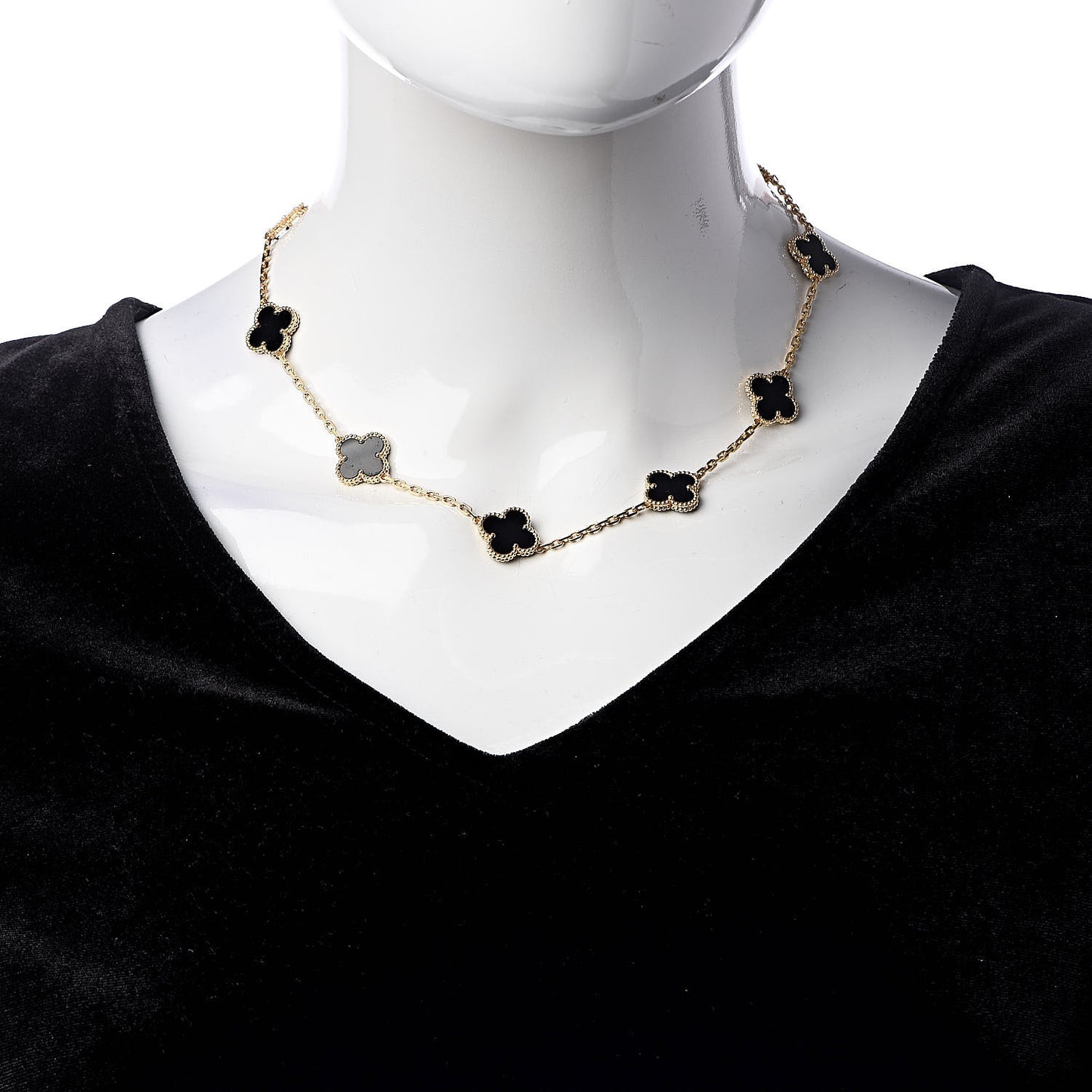 18K Yellow Gold Black Onyx 10 Motifs Vintage Alhambra Necklace