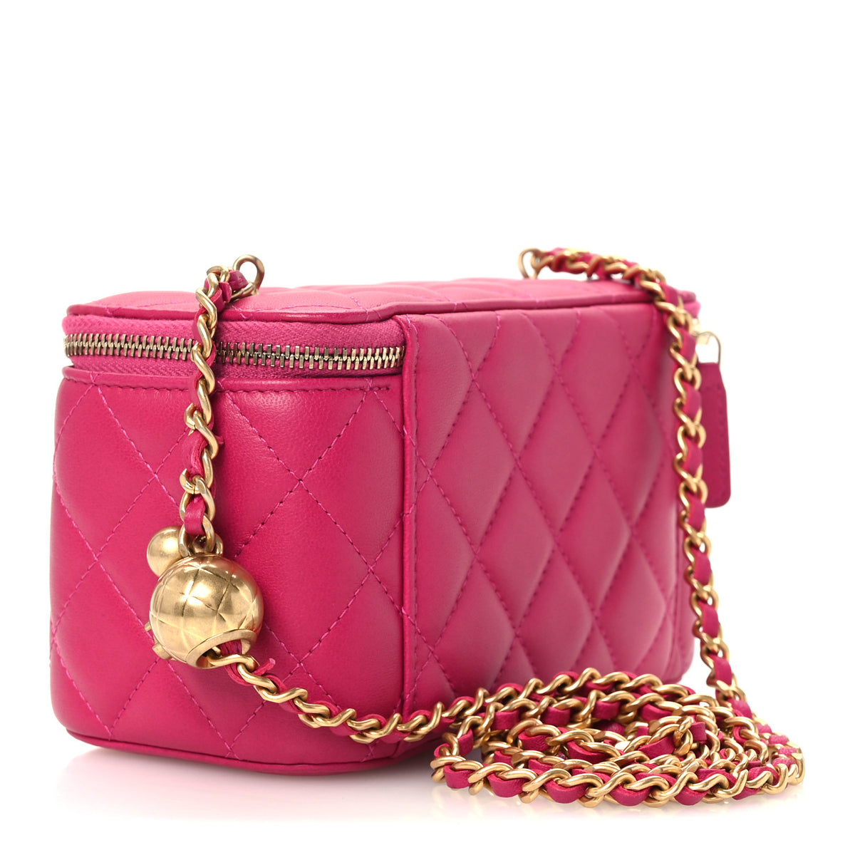 Lambskin Quilted Small Pearl Crush Vanity Case With Chain Fuchsia