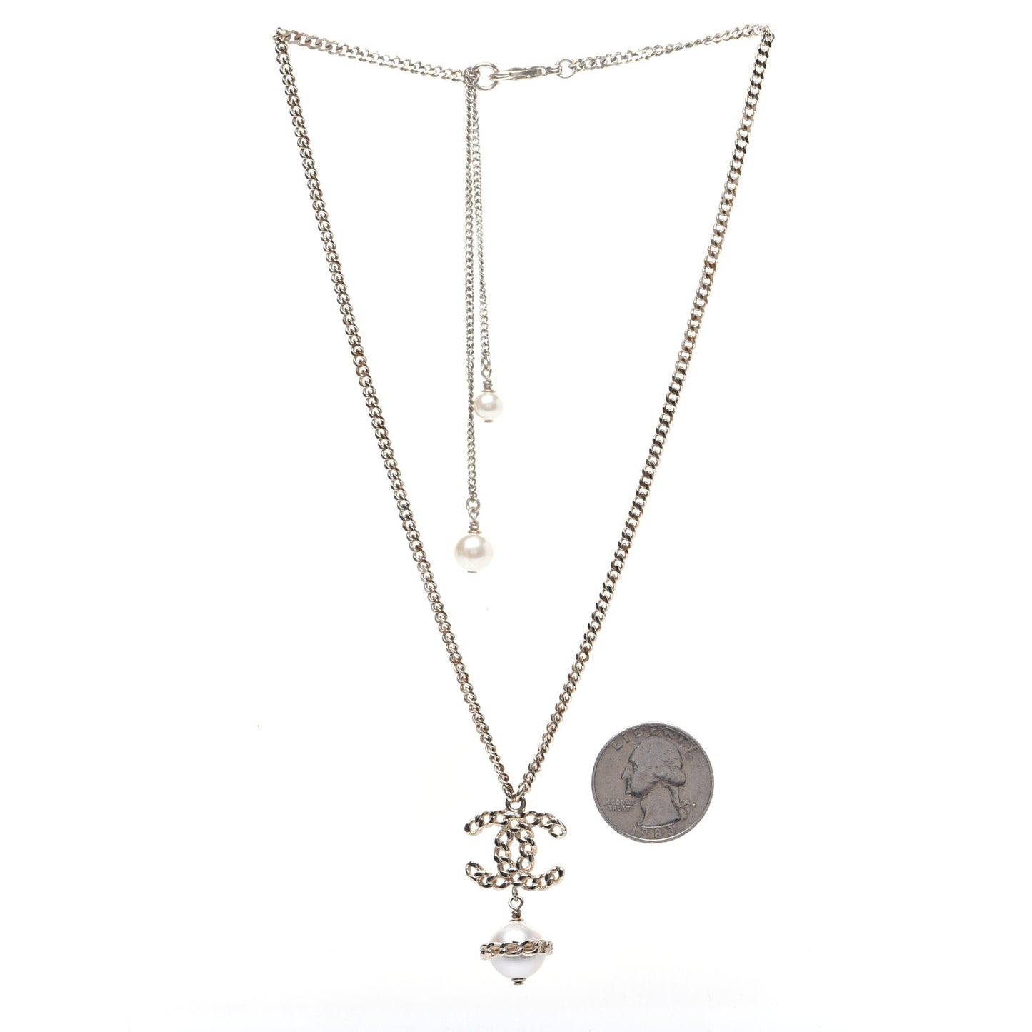 Chain CC Pearl Drop Necklace Gold