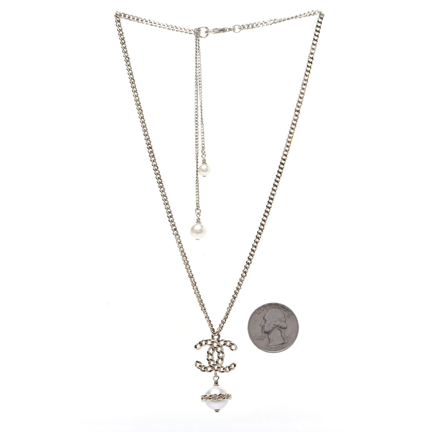 Chanel Chain CC Pearl Drop Necklace Gold 2 of 5
