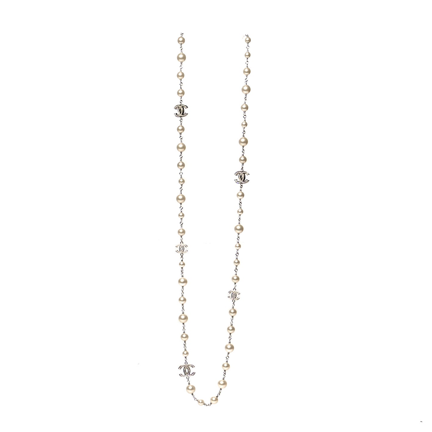 Graduated Pearl Crystal CC Long Necklace Silver