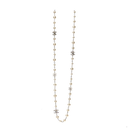 Chanel Graduated Pearl Crystal CC Long Necklace Silver 3 of 5