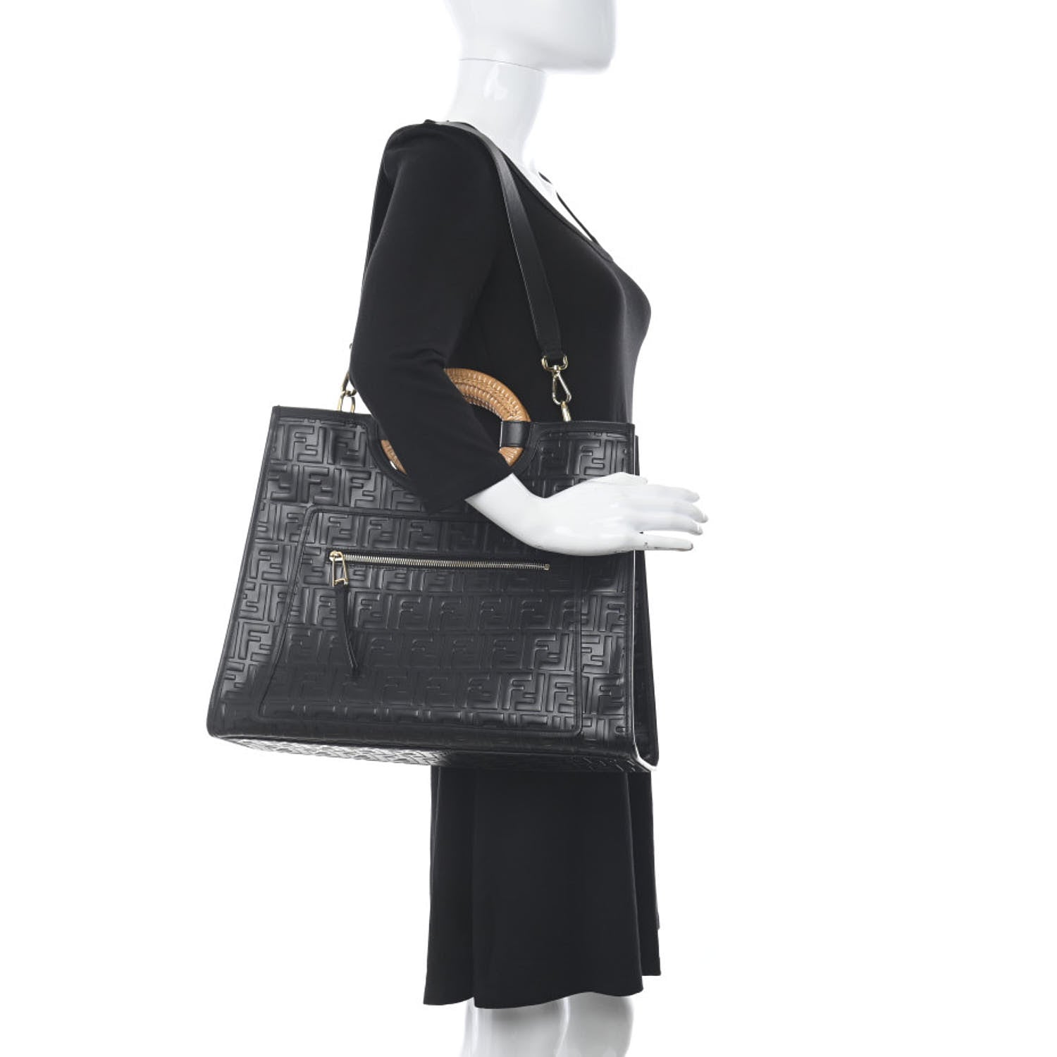 Fendi Vitello Century Wicker FF 1974 Embossed Medium Runaway Shopper Tote Black 2 of 10