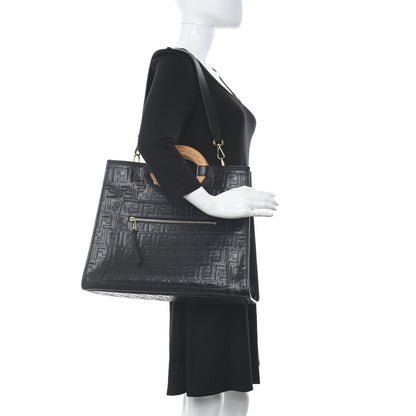 Fendi Vitello Century Wicker FF 1974 Embossed Medium Runaway Shopper Tote Black 2 of 10