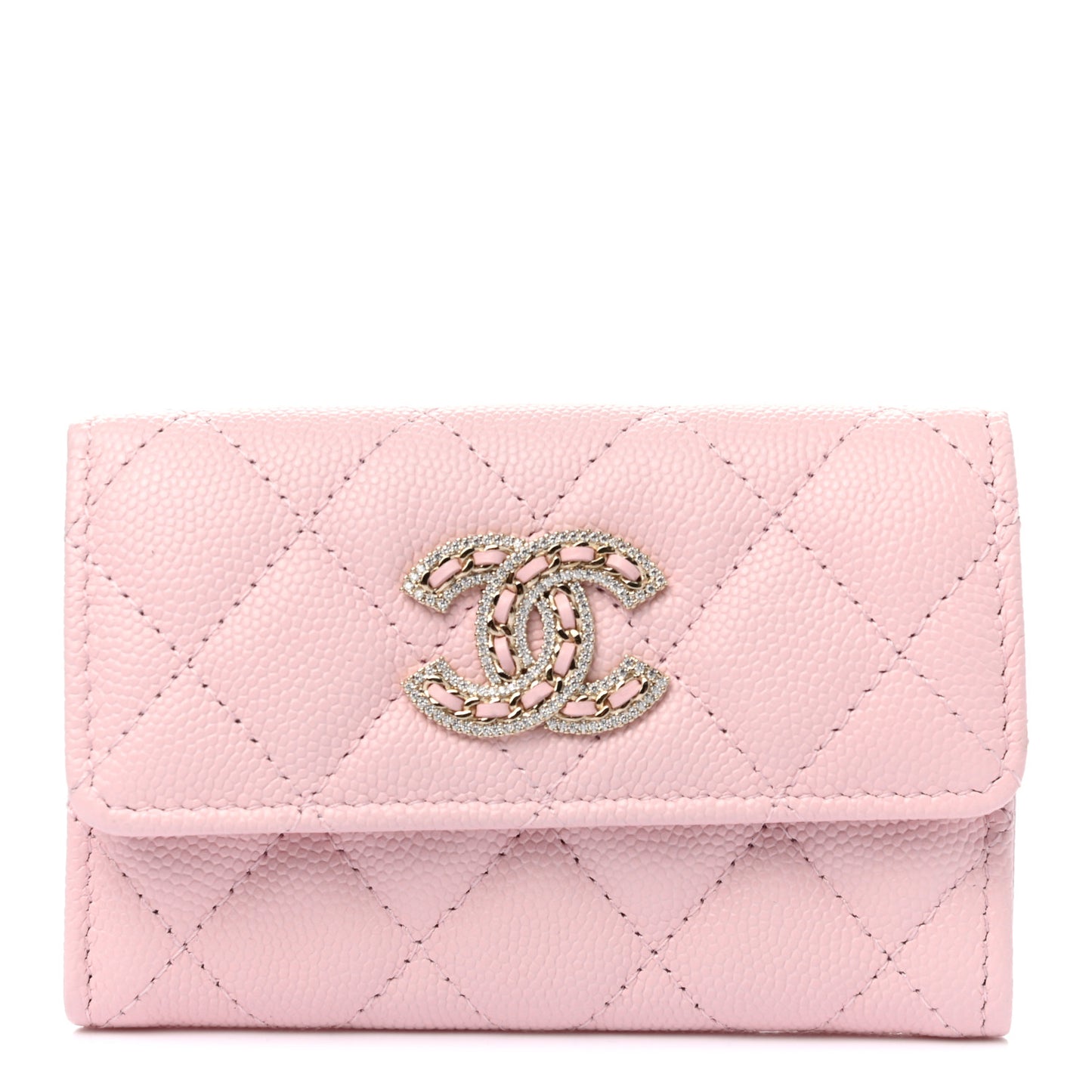 Caviar Quilted Crystal CC Flap Card Holder Pink
