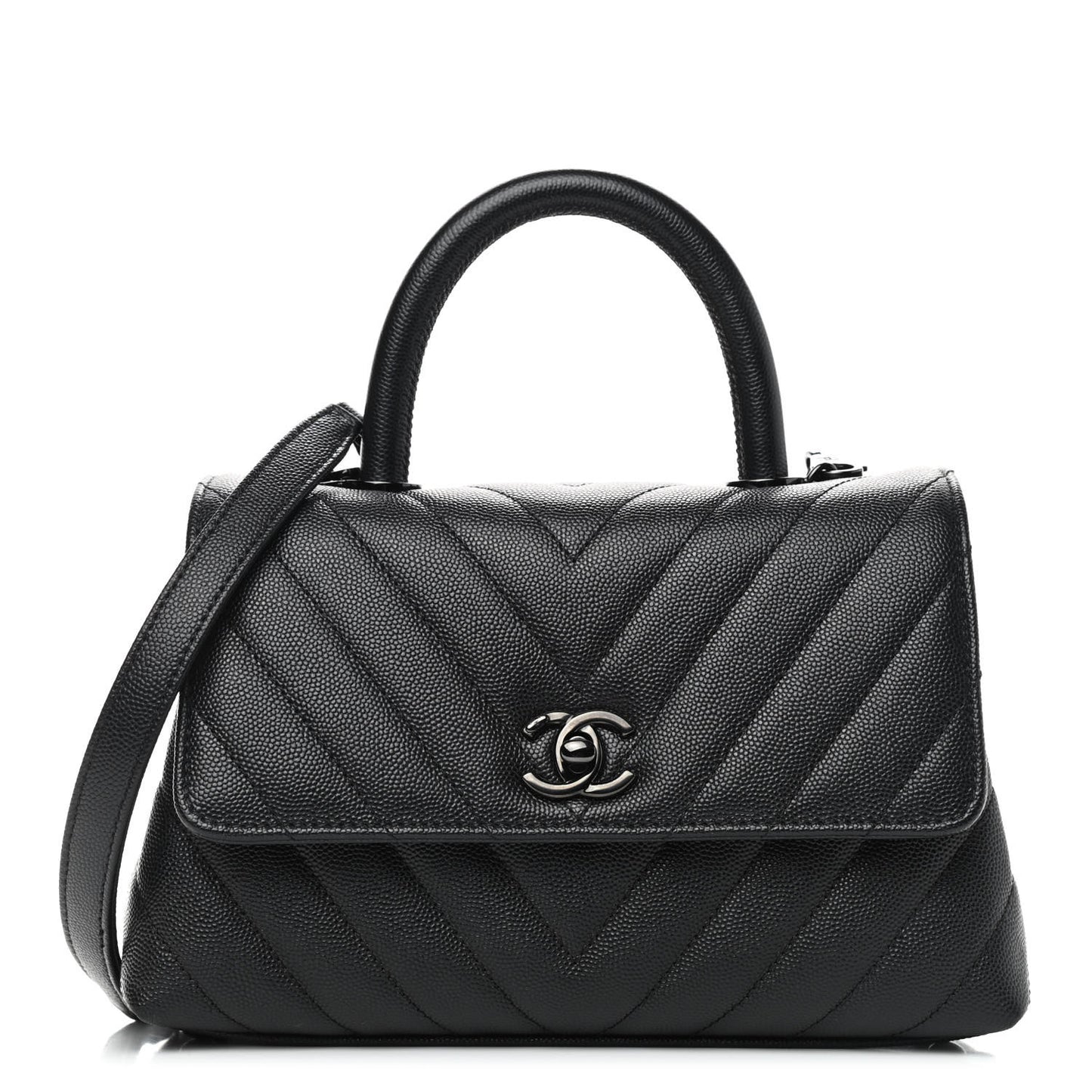 Caviar Chevron Quilted Mini Coco Handle Flap So Black